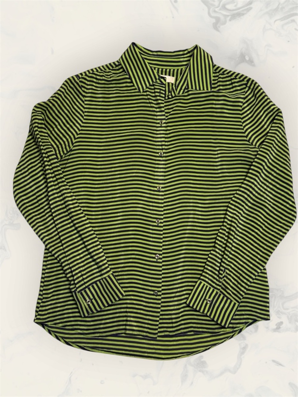 100% Silk Banana Republic Green & Navy Striped Long-Sleeve Button-Down Shirt M